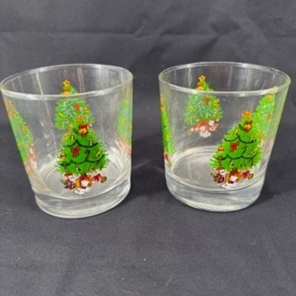 Vintage Christmas Tree Glass Tumblers Set of 2 Holiday Lowball Rocks Glasses